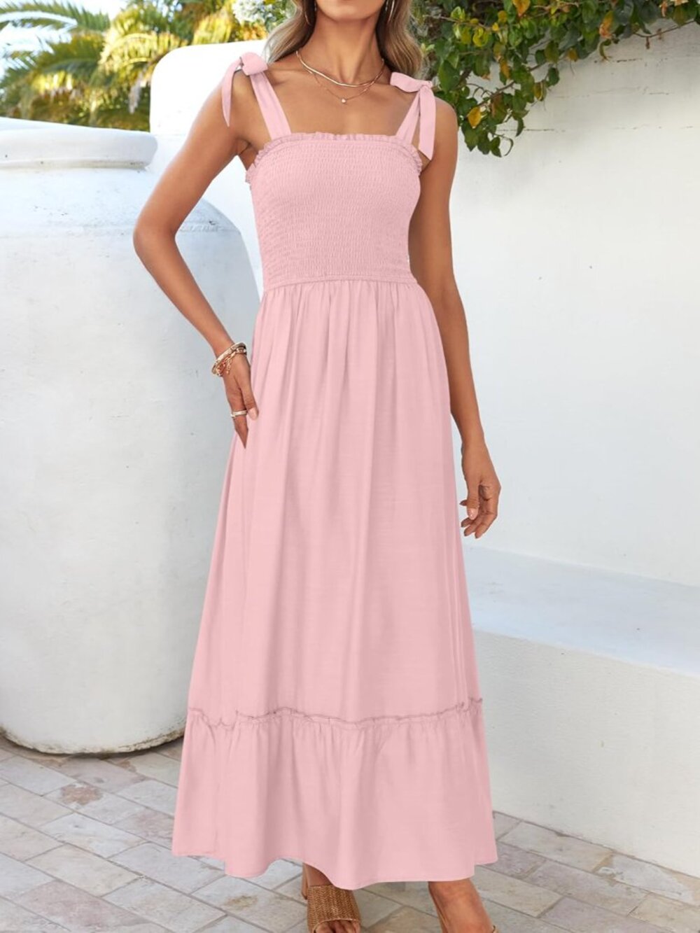 Women's 2026 Summer Boho Spaghetti Strap Square Neck Solid Color Ruffle A Line B - Picture 4 of 9